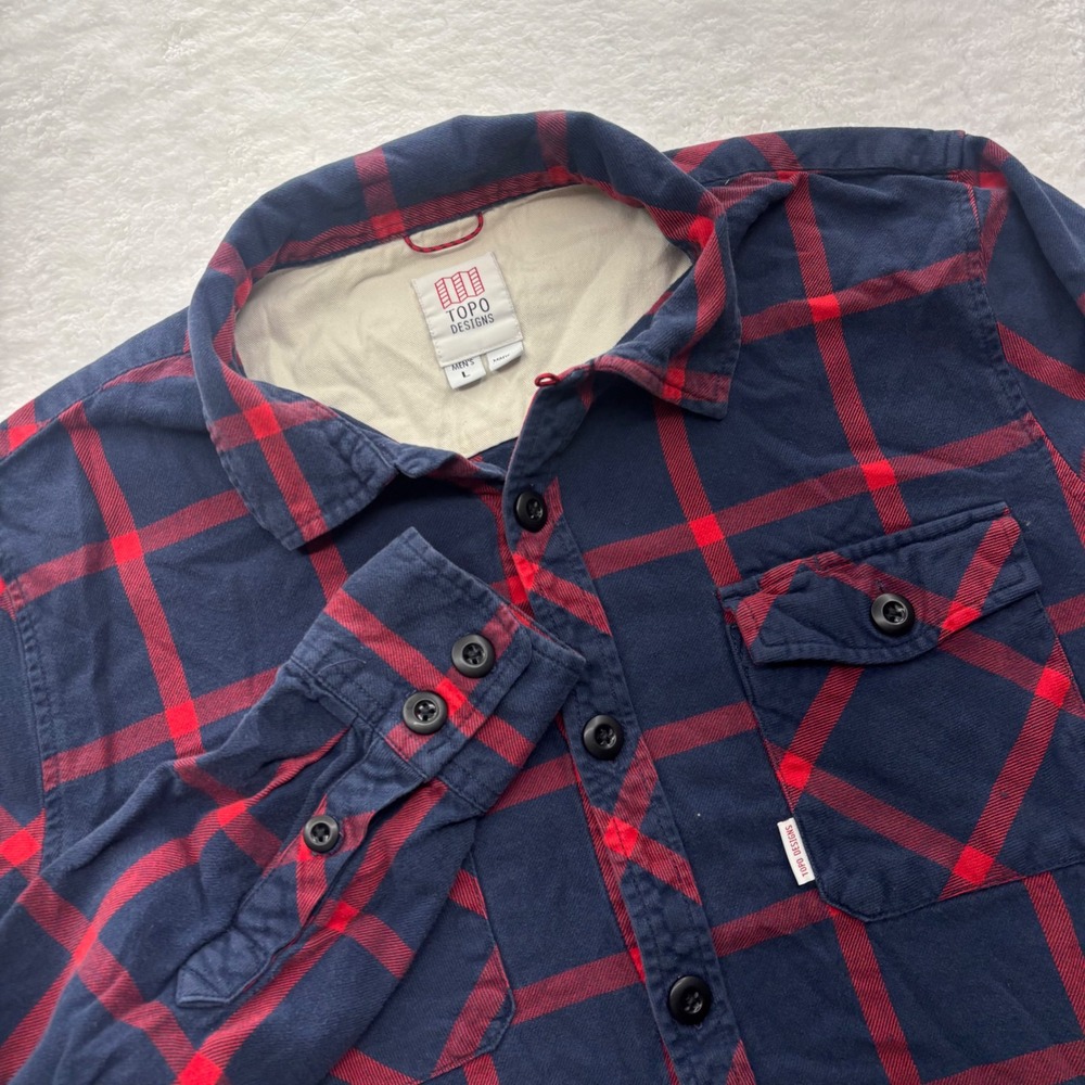 Topo Designs Mens Navy Red Plaid Organic Cotton Flannel Shirt Large TD-F21-LS-NV